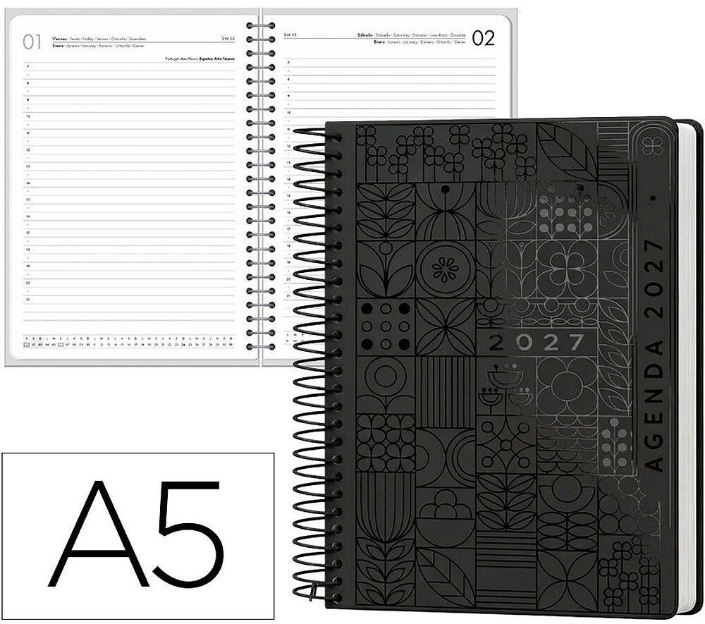 Agenda de escritório liderpapel 2027 espiral syros dia/página a5 bilíngue papel 60g fsc preto