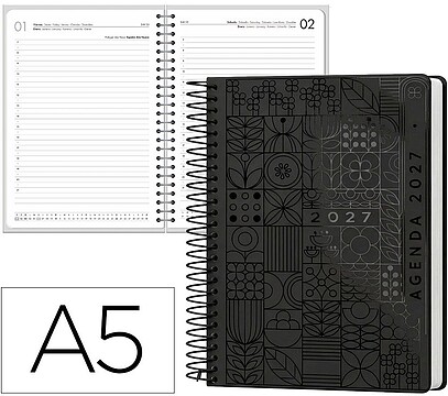 Agenda de escritório liderpapel 2027 espiral syros dia/página a5 bilíngue papel 60g fsc preto