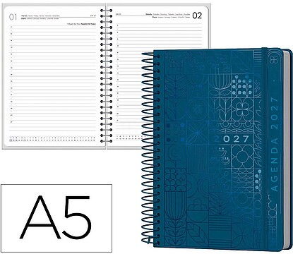 Agenda de escritório liderpapel 2027 espiral syros dia/página a5 bilíngue papel 60g fsc azul marinho