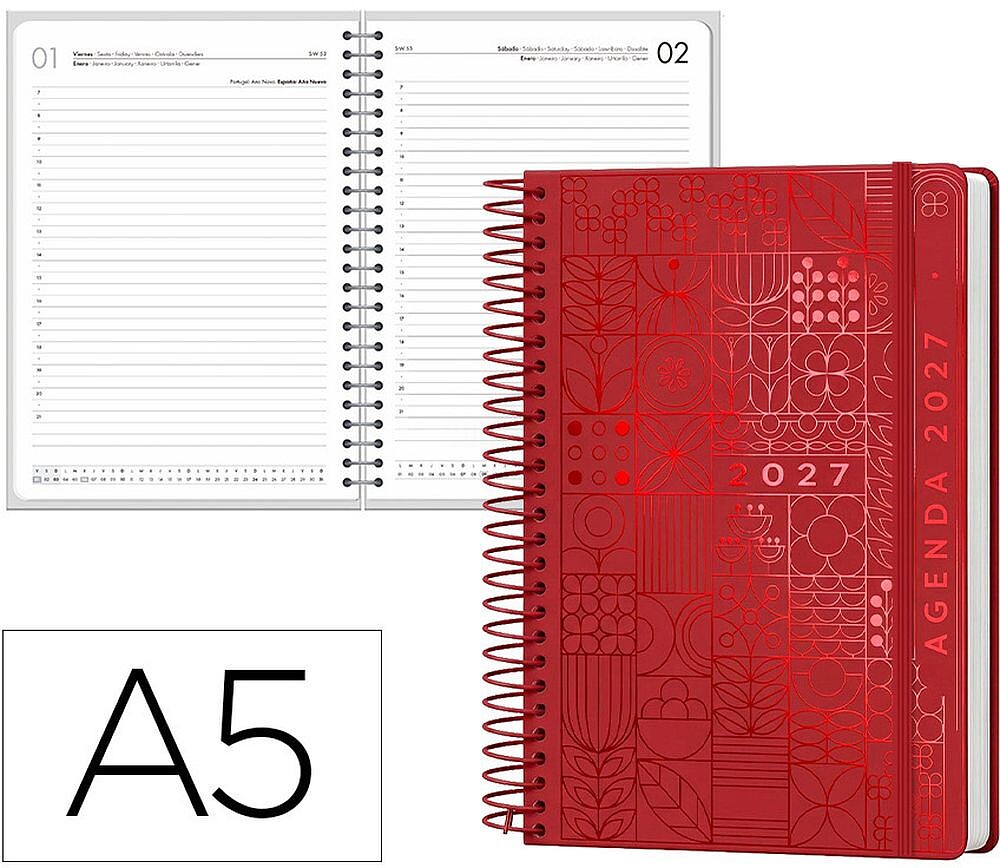 Agenda de escritório liderpapel 2027 espiral syros dia/página a5 bilíngue papel 60g fsc vermelho