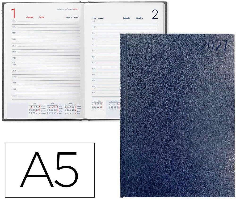 Agenda de escritório liderpapel 2027 encadernada corfu dia/página a5 portugues papel 60g fs c azul