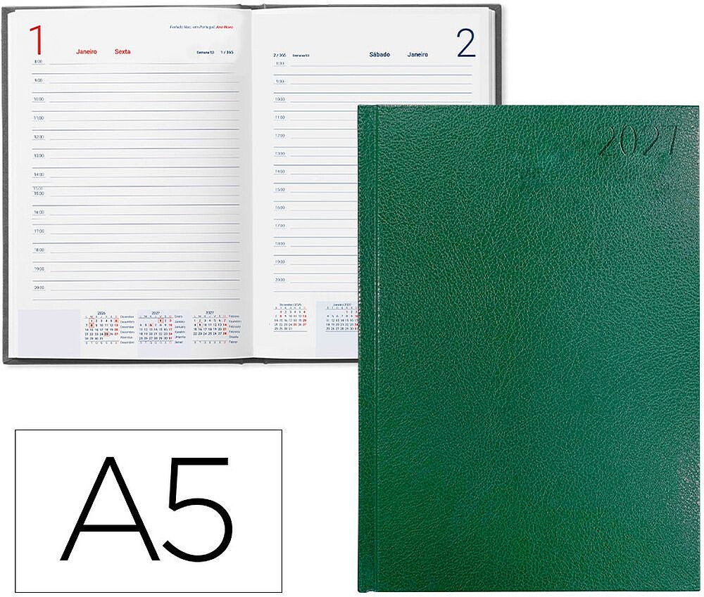 Agenda de escritório liderpapel 2027 encadernada corfu dia/página a5 portugues papel 60g fs c verde