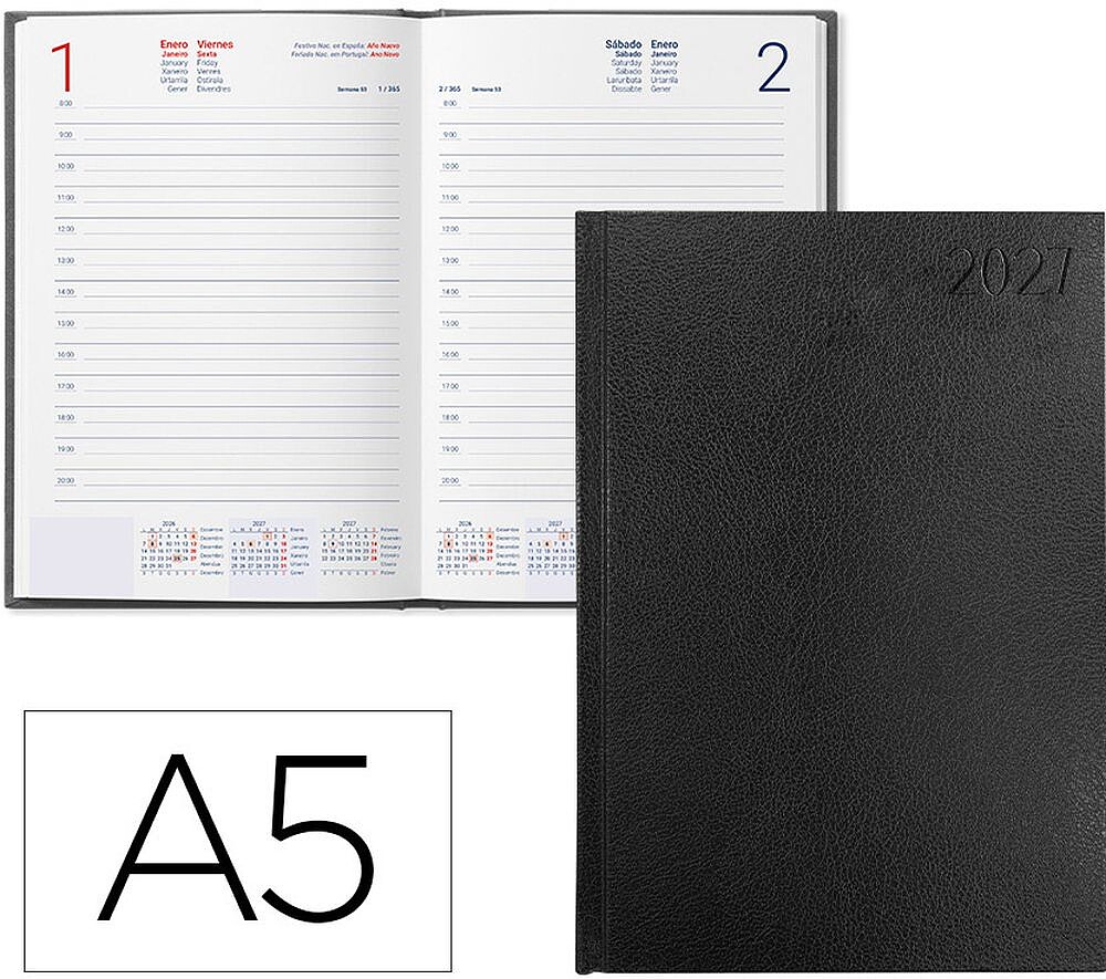 Agenda de escritório liderpapel 2027 encadernada corfu dia/página a5 bilíngue papel 60g fsc preto