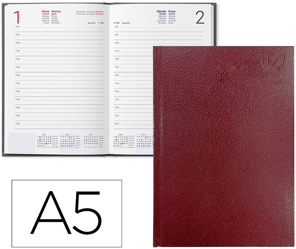 Agenda de escritório liderpapel 2027 encadernada corfu dia/página a5 bilíngue papel 60g fsc vermelho