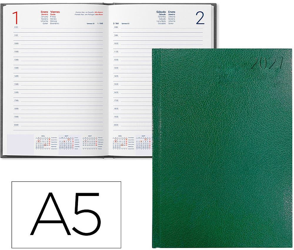 Agenda de escritório liderpapel 2027 encadernada corfu dia/página a5 bilíngue papel 60g fsc verde