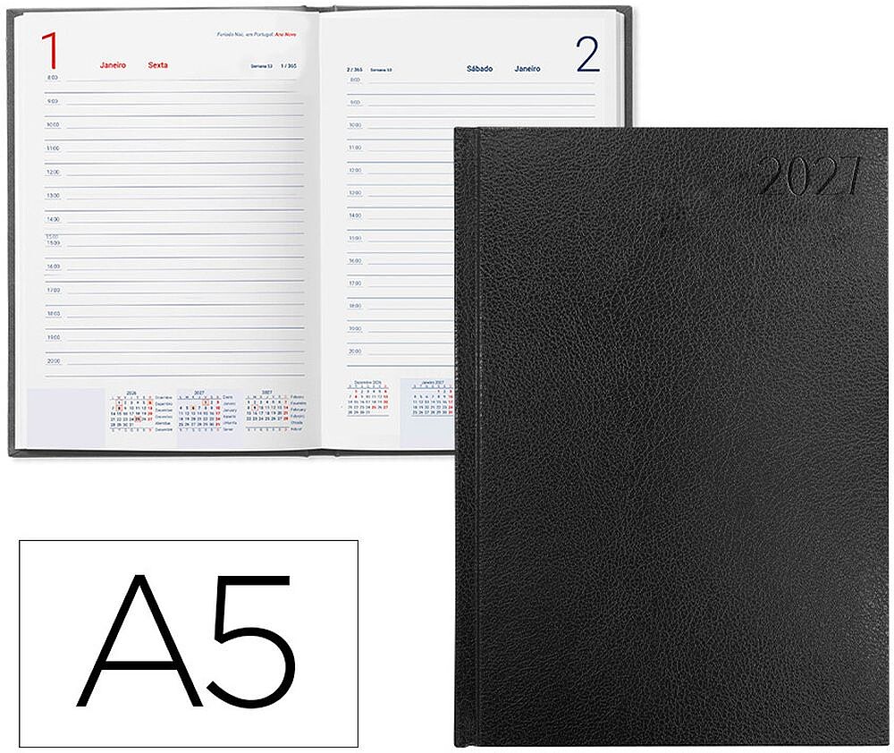 Agenda de escritório liderpapel 2027 encadernada corfu dia/página a5 portugues papel 60g fs c preto