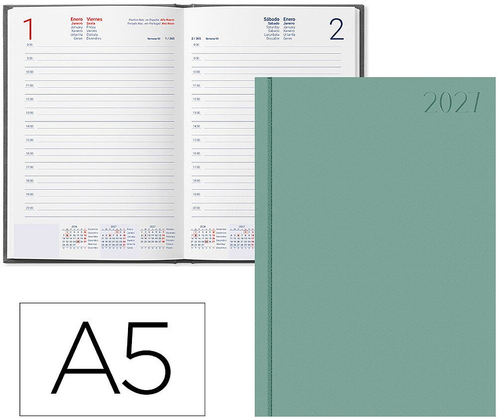 Agenda de escritório liderpapel 2027 encadernada corfu dia/página a5 bilíngue papel 60g fsc nova cor português