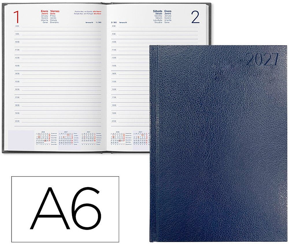 Agenda de escritório liderpapel 2027 encadernada corfu dia/página a6 bilíngue papel 60g fsc azul