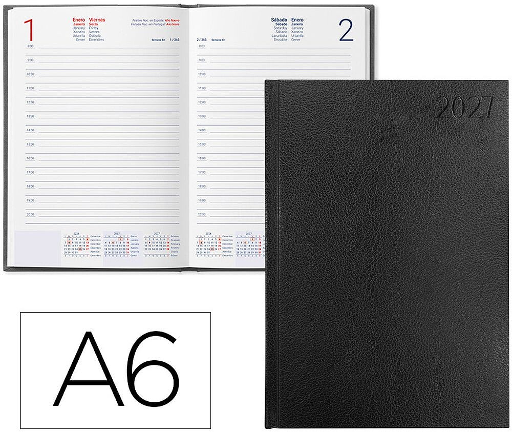 Agenda de escritório liderpapel 2027 encadernada corfu dia/página a6 bilíngue papel 60g fsc preto