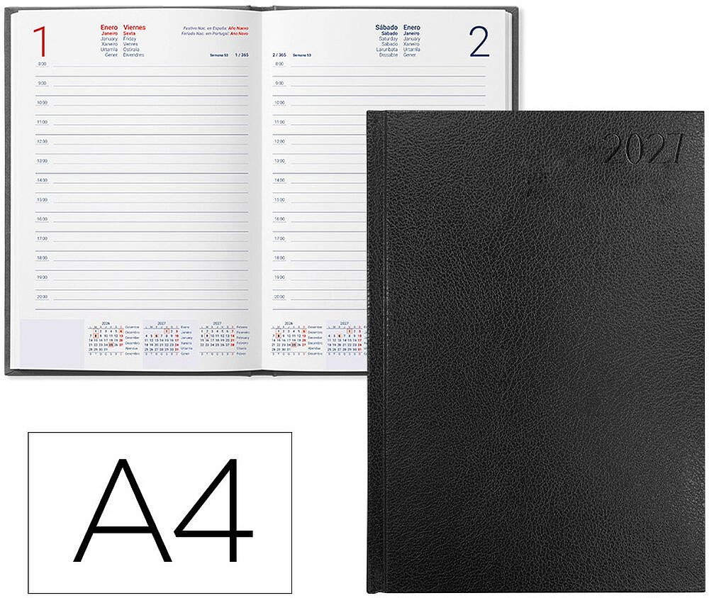 Agenda de escritório liderpapel 2027 encadernada corfu dia/página a4 bilíngue papel 60g fsc preto