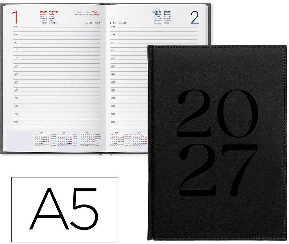 Agenda de escritório liderpapel 2027 encadernada creta dia/página a5 bilíngue papel 70g fsc preto