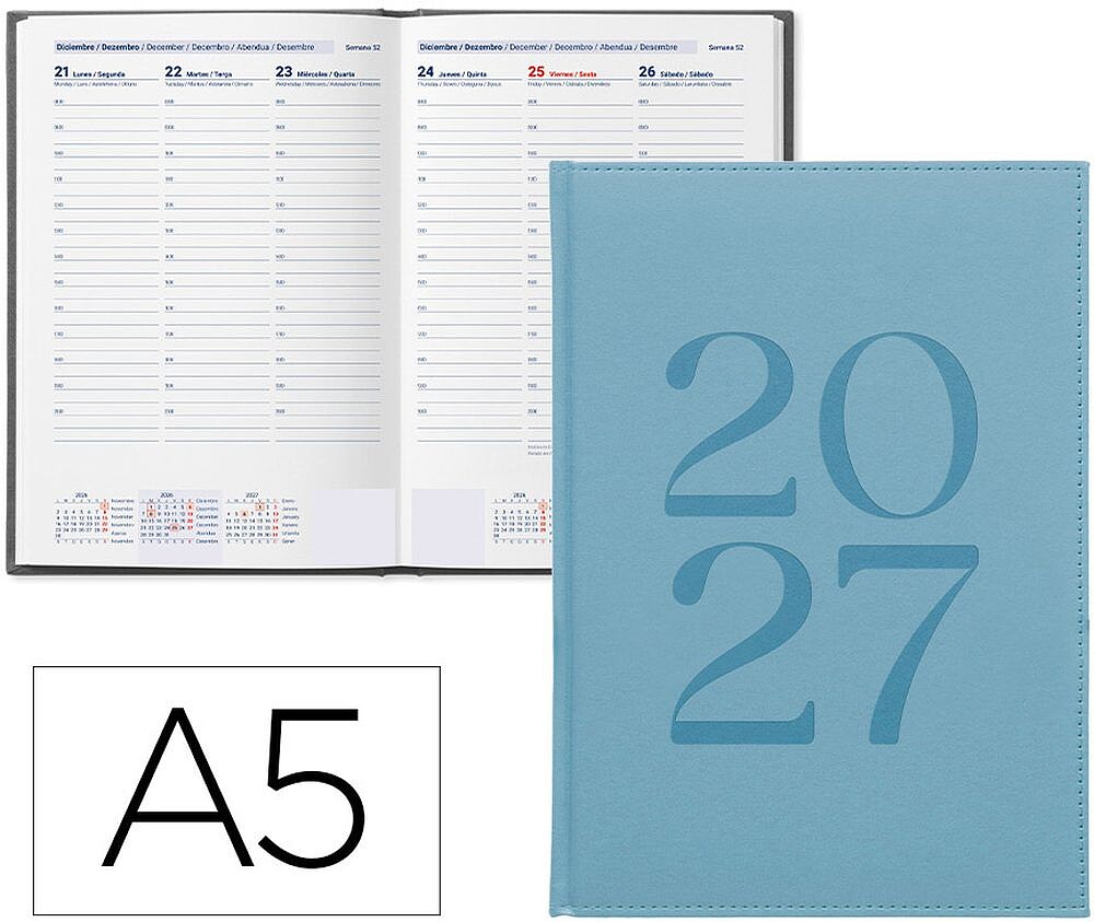 Agenda de escritório liderpapel 2027 encadernada creta semana à vista a5 bilíngue papel 70g fsc azul claro