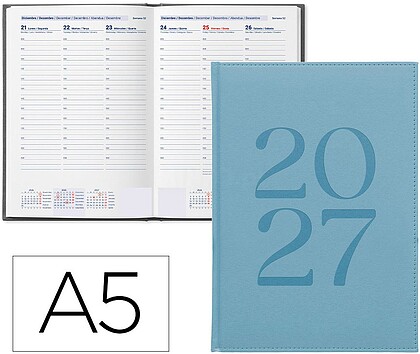 Agenda de escritório liderpapel 2027 encadernada creta semana à vista a5 bilíngue papel 70g fsc azul claro