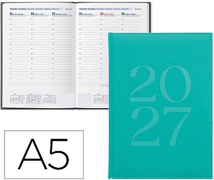 Agenda de escritório liderpapel 2027 encadernada creta semana à vista a5 bilíngue papel 70g fsc turquesa
