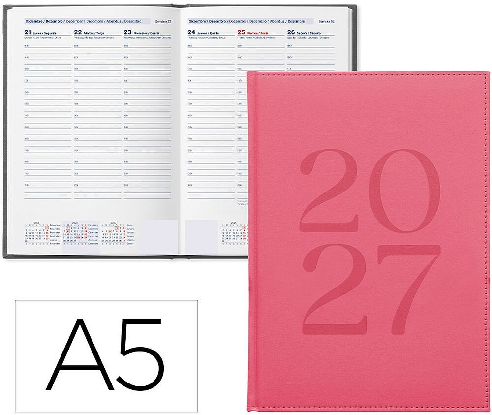Agenda de escritório liderpapel 2027 encadernada creta semana à vista a5 bilíngue papel 70g fsc rosa