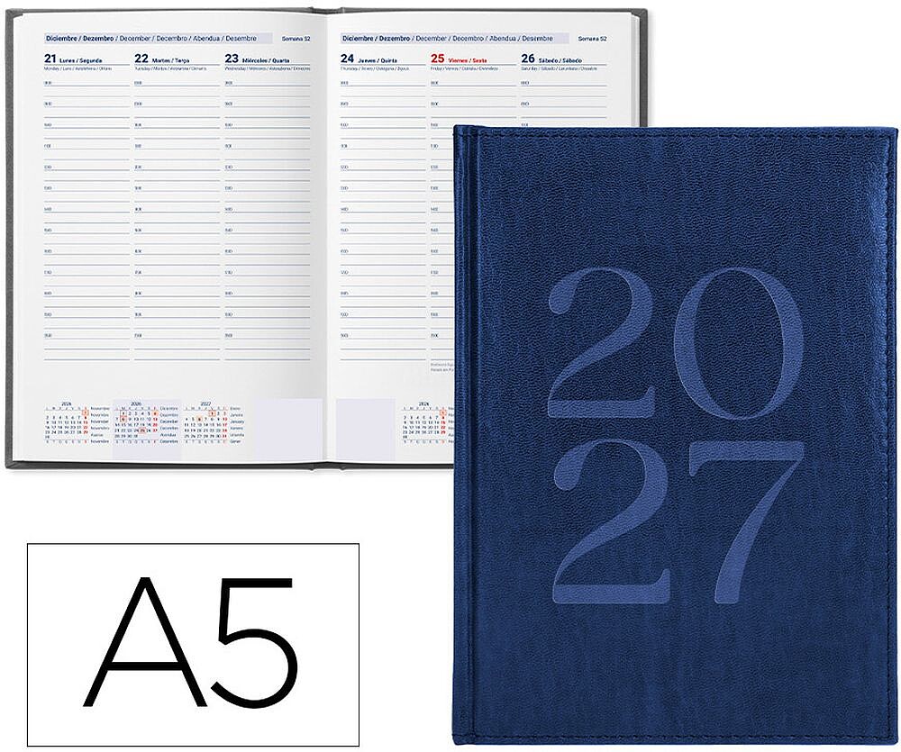 Agenda de escritório liderpapel 2027 encadernada creta semana à vista a5 bilíngue papel 70g fsc azul