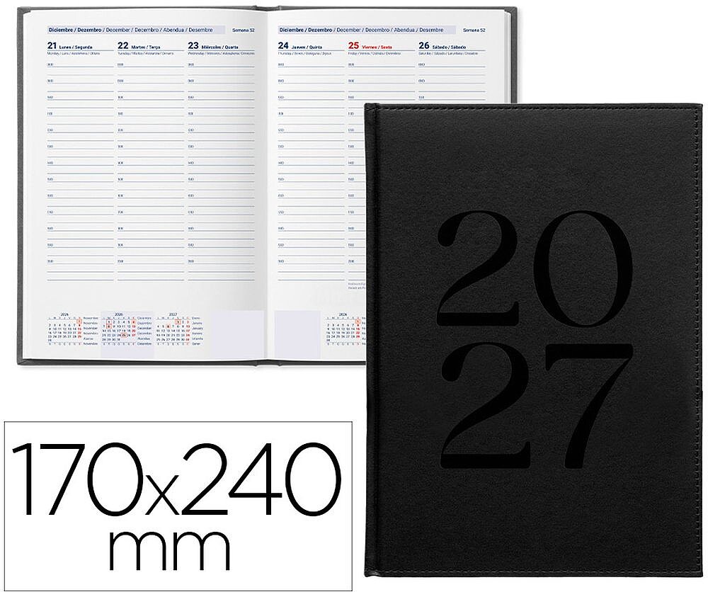 Agenda de escritório liderpapel 2027 encadernada creta semana à vista 170x240 mm bilíngue papel 70g fsc preto