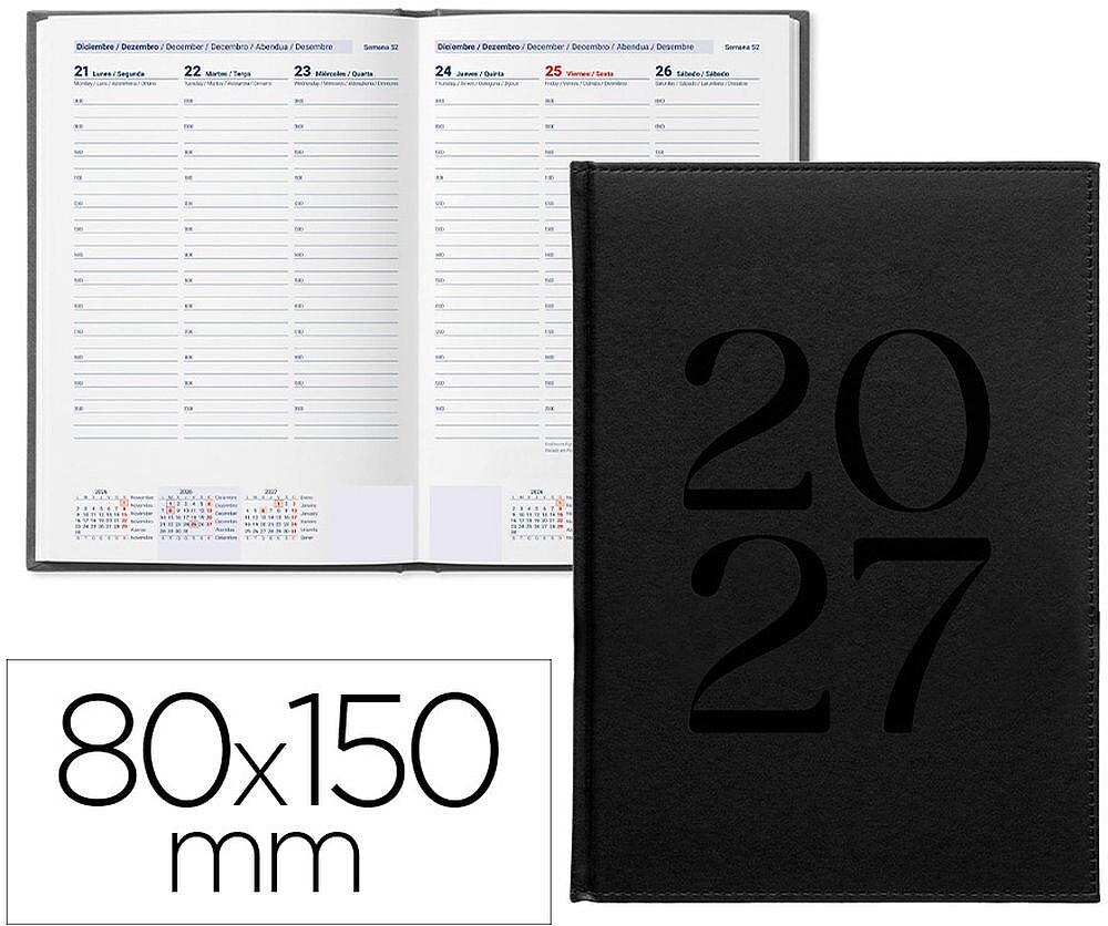 Agenda de escritório liderpapel 2027 encadernada creta semana à vista 80x150 mm bilíngue papel 70g fsc preto