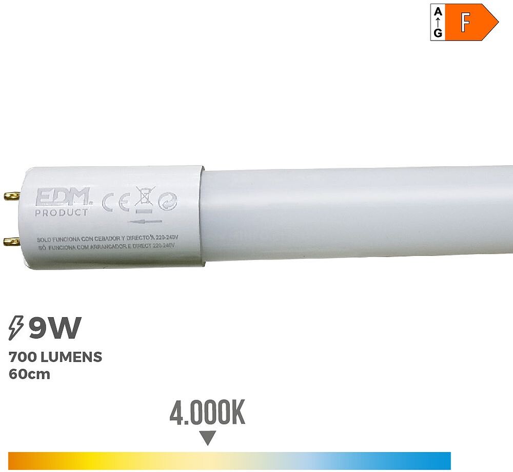 Tubo LED T8 9W 700lm 4000K Luz Dia (Eq.18W) EDM
