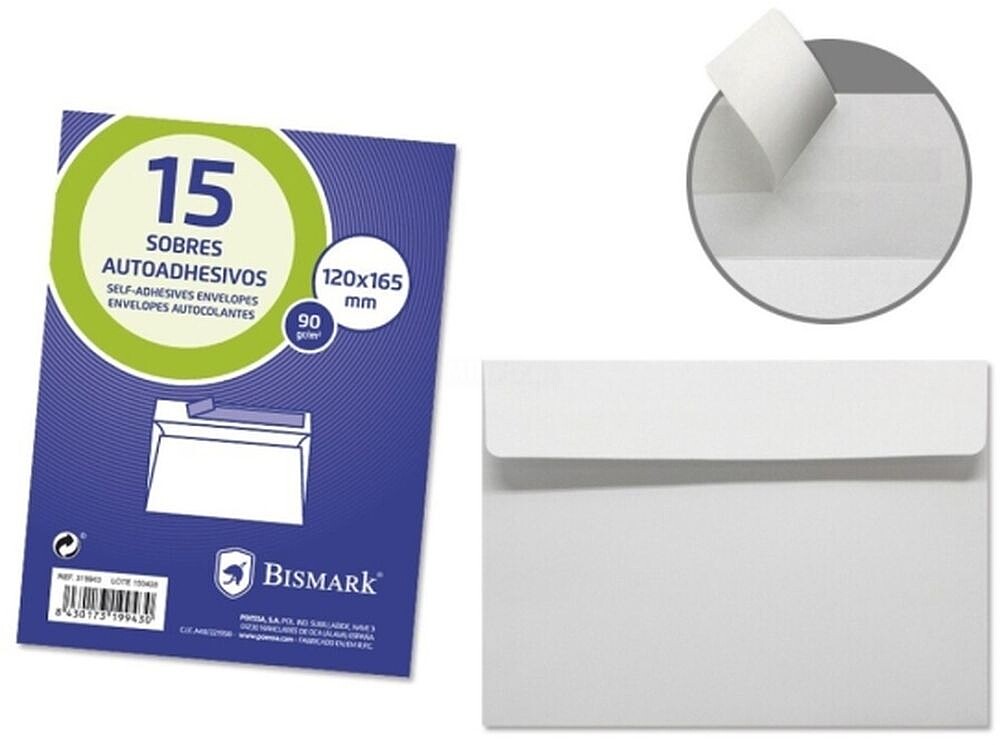 Bismark Pack de 15 Envelopes Comerciais Papel 90grs - Medidas 120x165mm - Fecho Autoadesivo - Cor Branco BI319943