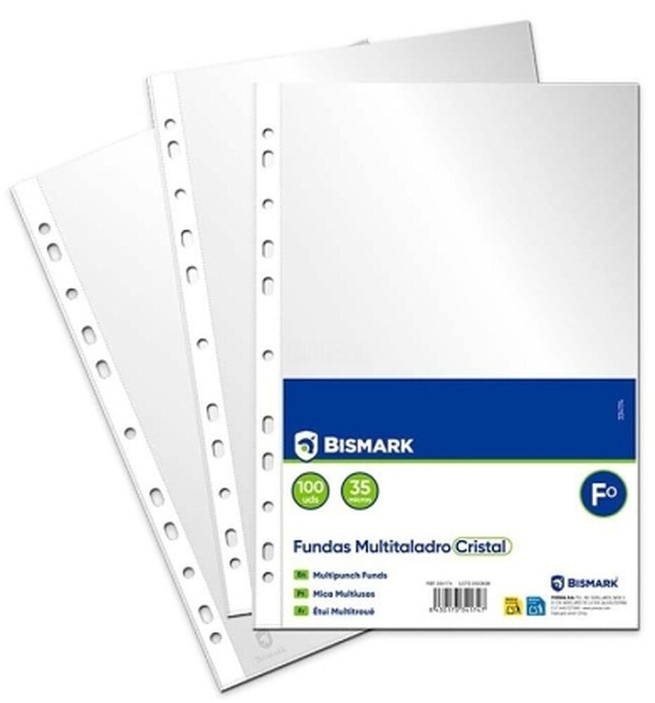 Bismark Pack de 100 Fundas Multitaladro Tamanho Folio 35 Micras - Acabamento em Cristal - Ideal para Pastas com Mecanismo de Argolas BI334174