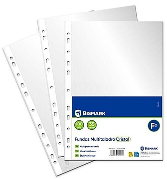 Bismark Pack de 100 Fundas Multitaladro Tamanho Folio 35 Micras - Acabamento em Cristal - Ideal para Pastas com Mecanismo de Argolas BI334174
