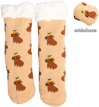 G-69007 69007 MEIAS CAPIVARA ESTAMPADAS ANTIDERRAPANTES COM FORRO DE PELE DE OVELHA MACIA, TAMANHO 40 - 45