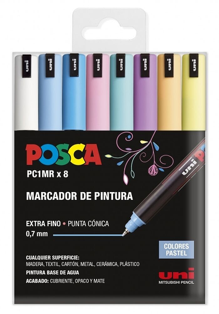 Pack Posca PC1MR de 8 Marcadores de Pintura - Ponta Roller de Fibra 0,7mm - Tinta Pigmentada à Base de Água - Resistente à Luz - Cores Pastel Sortidas 182634847