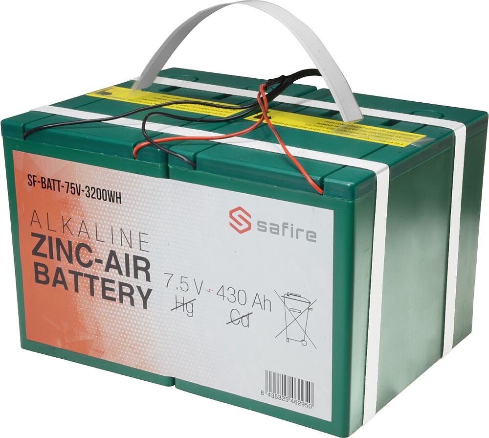 Bateria de zinco-ar - Voltagem 7.5 V/ Capacidade 3200 Wh - Conector triplo DC: Jack, mini-USB e molex - Comprimento do cabo 2 m - Compatível com Ajax e RSI Videofied - 158 (Al) x 260 (Lg) x 188 (Fd) mm/ 7.6 Kg SF-BATT-75V-3200WH