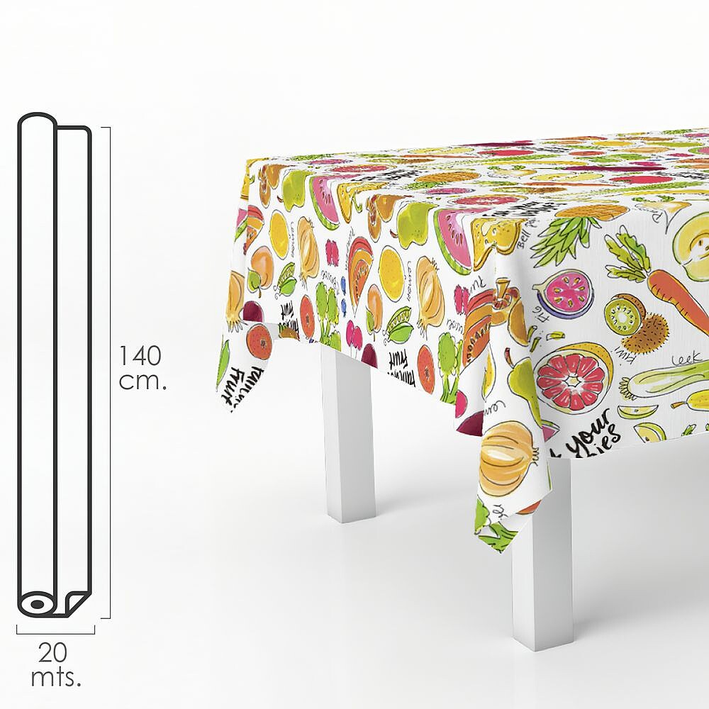 Toalha de Mesa Retangular Frutas Fantasia. Impermeável Antinódoas PVC 140 cm. x 20 metros. Rolo Recortável. Interior e Exterior