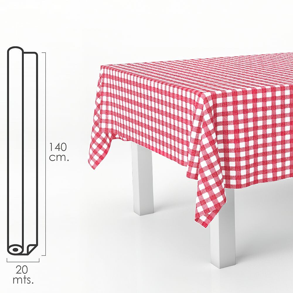 Toalha de Mesa Vinil Retangular Xadrez Vermelho. Impermeável Antinódoas PVC 140 cm. x 20 metros. Rolo Recortável. Interior e Exterior