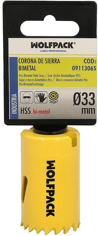 Serra de Coroa Bimetal Ø 33 mm. Têmpera Térmica, Base Reforçada. Serra de Coroa para Madeira, Broca para Furos em Madeira, Aço, Ferro, Plásticos Serra de Coroa de Serra Bimetal Target Ø 33 mm