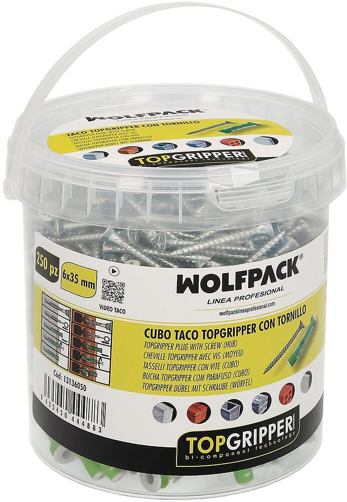 Cubo Tacos Topgripper Bimaterial COM Parafusos Ø 6 mm. 250 Peças Taco de Fixação Universal, Taco de Betão, Taco Pladur Cubo Tacos Topgripper Bimaterial COM Parafusos Ø 6 mm. 250 Peças