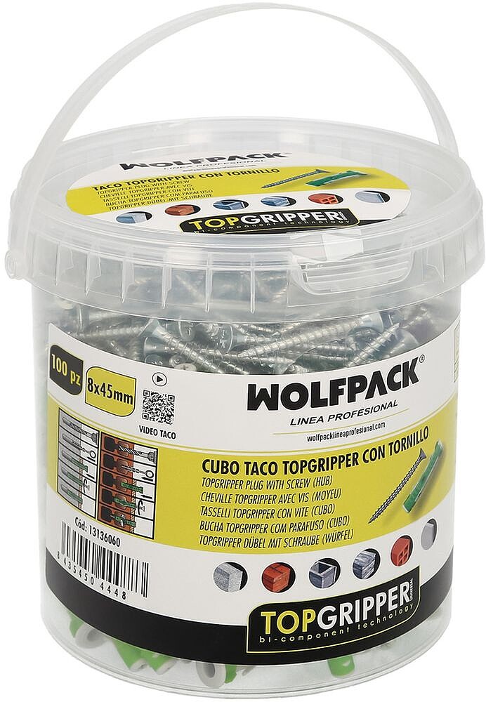 Cubo Tacos Topgripper Bimaterial COM Parafusos Ø 8 mm. 100 Peças Taco Fixação Universal, Taco Betão, Taco Pladur Cubo Tacos Topgripper Bimaterial COM Parafusos Ø 8 mm. 100 Peças