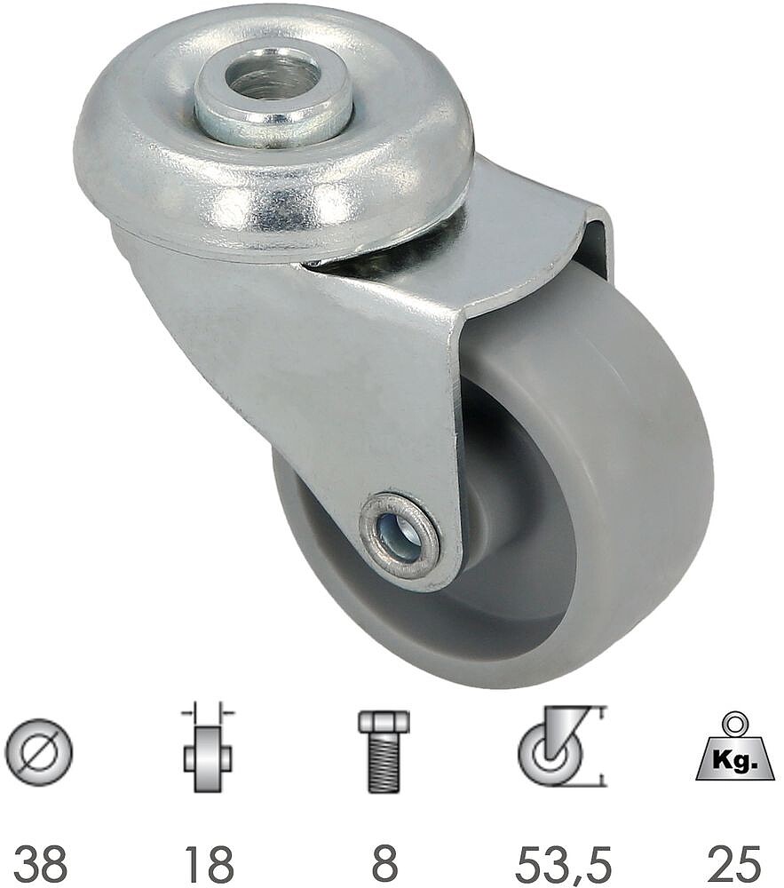 Roda Doméstica Ø 38 mm. Furo Passante Ø 8 mm. Roda Doméstica Ø 38 mm. Furo Passante Ø 8 mm