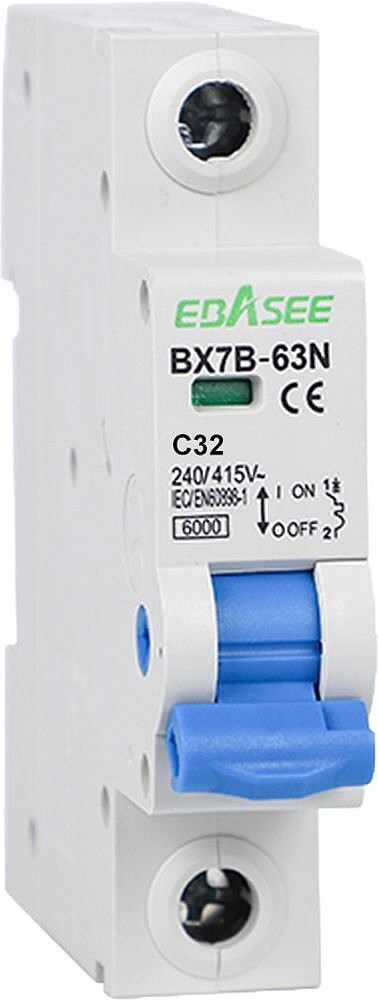 Disjuntor - Corrente nominal 32A - 1 polo (instalações monofásicas) - Curva de tipo C - Para calha DIN - Em conformidade com a norma IEC/EN 60898-1 BX7B-63N-32A-1P