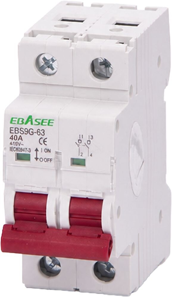 Seccionador/ Isolador - Corrente nominal 40A - 2 pólos (instalações monofásicas) - Para isolamento e manobra - Para calha DIN - Em conformidade com a norma lEC/EN 60947-3 EBS9G-2P-40A