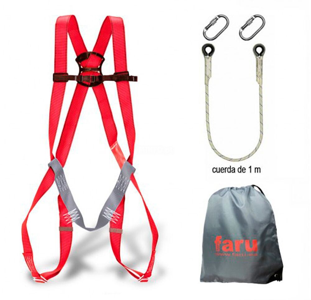 Conjunto anti-queda faru arnes p01 + corda c170 + 2 mosquetoes virola + bolsa porta arnes BASICO1