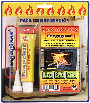 Kit Reparação Fogões/Lareiras, Cola Refratária e Cordão Fibra Vidro 8 mm. x 2,5 m. Kit Reparação Fogões/ Lareiras, Cola + Cordão 8 mm. x 2,5 m