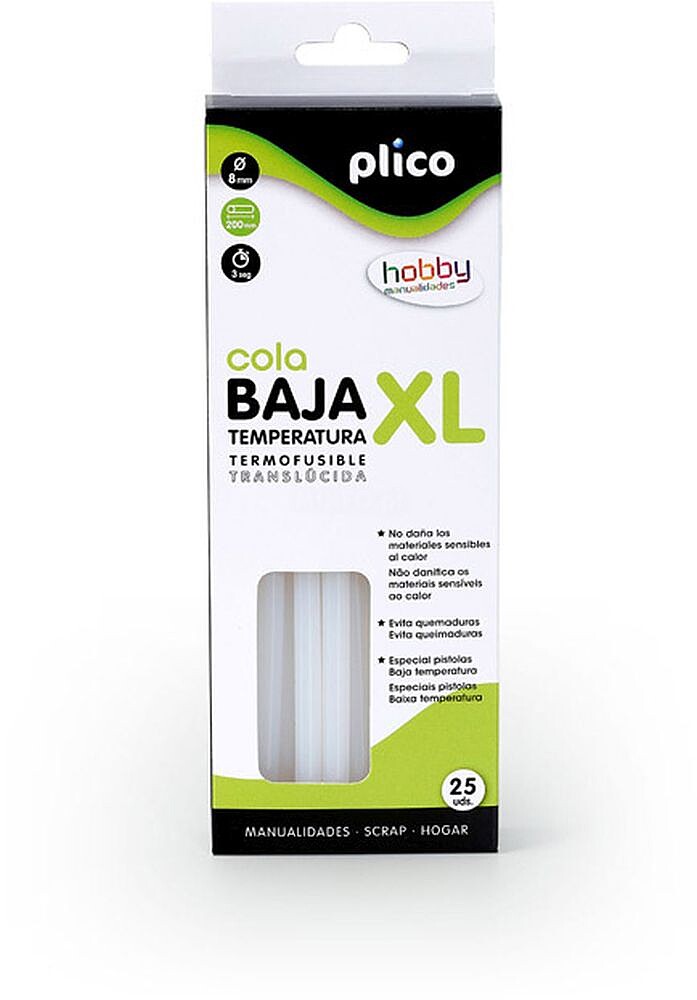 Barra termofusible plico cola mini xl baja temperatura 8 mm diametro x 200 mm de alto blister de 25 unidades Barra termofusible plico cola mini xl baja temperatura 8 mm diametro x 200 mm de alto blister de 25 unidades 1657