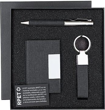 Set Fraxen Poliéster 300D RPET/ Metal Porta-Cartões 1 Compartimento. Esferográfica. Porta-Chaves 21604