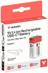 Pilhas Recarregáveis 6LR61 9V USB-C 335mAh Verbatim 1un