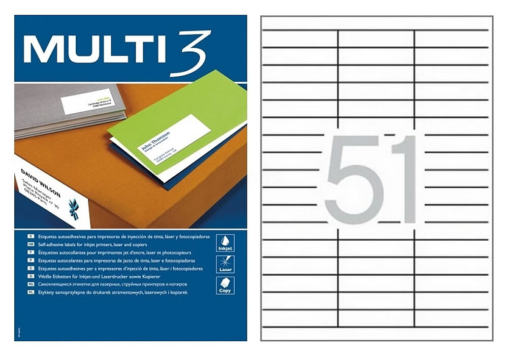 Pack Multi3 de 5100 Etiquetas Brancas Tamanho 70x16,9mm - 100 Folhas x 51 Etiquetas - Aptas para Imprimir Laser e Tinta 04720