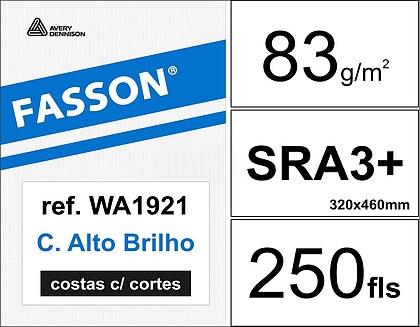 Autoadesivo Fasson WA1921 Papel Couche Alto-Brilho Cola Permanente C/cortes 83g 32x46cm 250un/emb : Avery, Fasson, HG DI-OF, alto brilho, branco, adesivo permanente, Crack Back, 83g/m2, 320mmx460mm, SRA3+, 250 folhas/embalagem, FSC Mix Credit (face)
