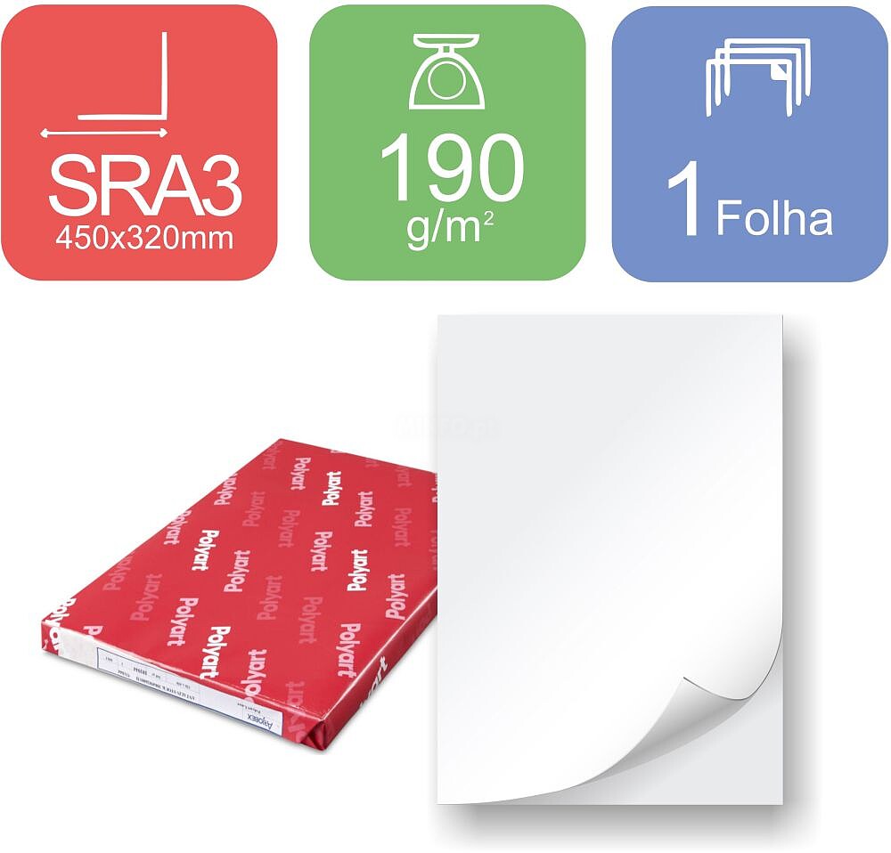 1 folha : Polyart, Laser Tóner Seco, revestido 2 faces, mate, poliéster, branco, 190g/m2, 145µm, 320mm x 450mm, SRA3, 200 folhas/embalagem
