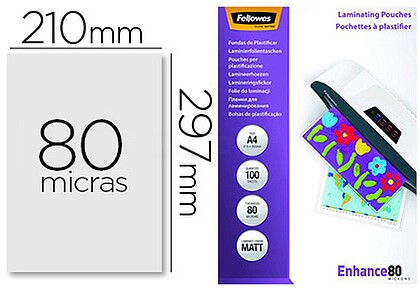 Fellowes Pack de 100 Folhas para Plastificar Fosco A4 - 80 Micras - Alta Qualidade - Transparente 5452103