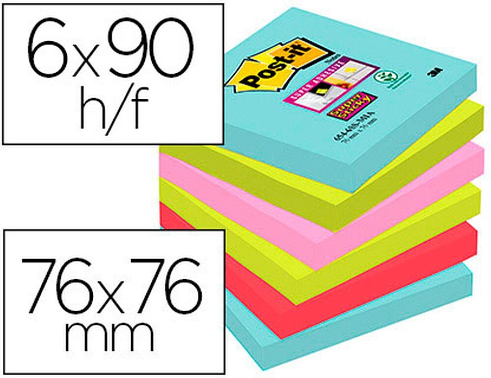 Pacote Super Sticky Post-it de 6 Blocos de 90 Notas Adesivas Reposicionáveis - Formato Quadrado - 76x76mm - Cores Sortidas 70005291227 PO7100263206