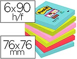Pacote Super Sticky Post-it de 6 Blocos de 90 Notas Adesivas Reposicionáveis - Formato Quadrado - 76x76mm - Cores Sortidas 70005291227 PO7100263206