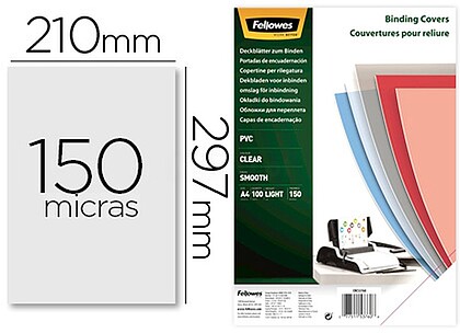 Fellowes Pack de 100 Folhas para Encadernação de PVC A4 - 150 Micras - Muito Resistentes - Transparente 5376001