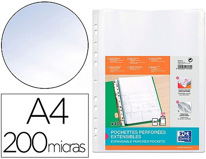 Pack Oxford de 10 Fundas Multitaladro A4 com Fole - Grande Capacidade - Polipropileno 200µ - Acabamento Cristal 670719-17
